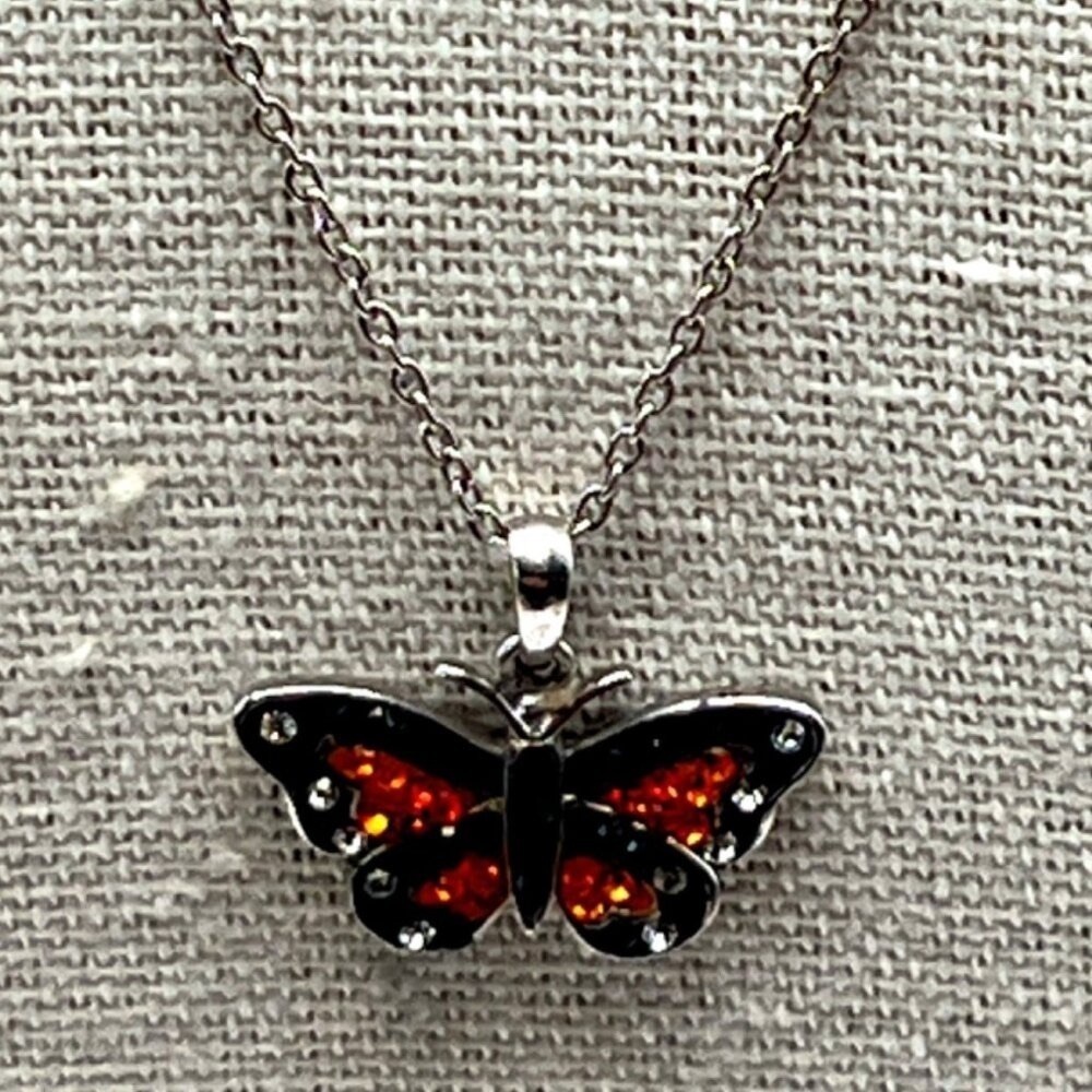 Butterfly Pendant Necklace With Clear, Orange & Black Rhinestones. B52 - Picture 4 of 12